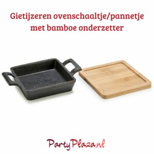 Gietijzeren tapas pannetje oven/BBQ – Schaaltje gietijzer met bamboe onderzetter