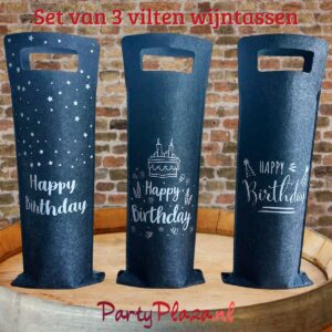 Wijntassen vilt Happy Birthday – Set van 3 wijntasjes – Verjaardag
