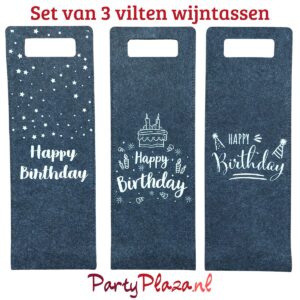 Wijntassen vilt Happy Birthday – Set van 3 wijntasjes – Verjaardag