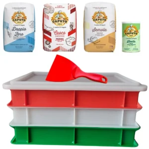 Startset Pizza deegkratten Tricolore met spatel, bloem, semola en gist
